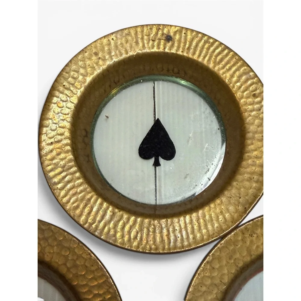 Vintage Playing Card Suit Coasters Set Hammered Brass Glass Gold Poker Game Room